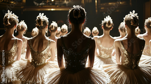 Ballerinas in elegant costumes preparing backstage before a captivating performance in a grand theater setting