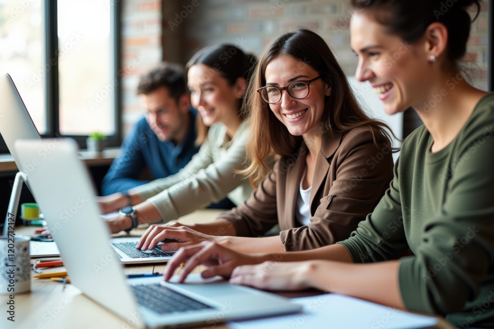 Young Professionals Collaborating in a Modern Office Setting with Laptops, Engaging in Creative Brainstorming and Teamwork for Innovative Solutions Young Professionals Collaborating in a Modern Office Setting with Laptops, Engaging in Creative Brainstorming and Teamwork for Innovative Solutions