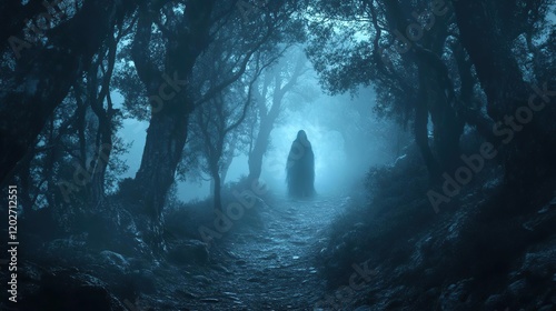 arafed person in a black robe walking through a dark forest