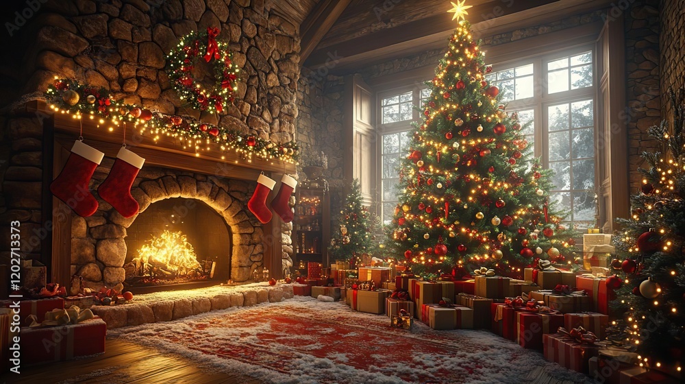 arafed fireplace with presents and a christmas tree in a living room arafed fireplace with presents and a christmas tree in a living room