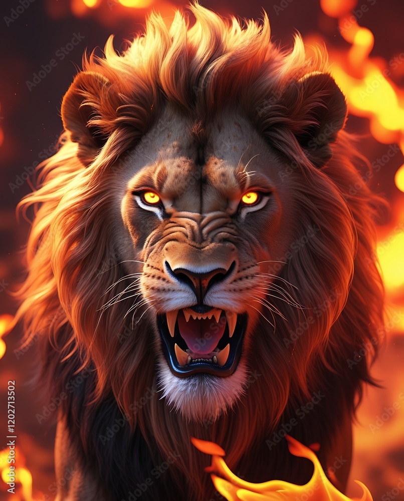 Naklejka premium Roaring Lion with Flaming Mane: Fierce Lion in Fire Backdrop, Majestic Fiery Lion Art, Powerful Flaming Lion Portrait, Burning Lion Roar, Intense Lion Fire Image with Flames in Background