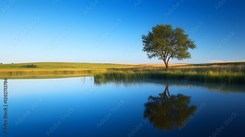 Fototapeta premium Serene Landscape Featuring A Solitary Tree By Still Water