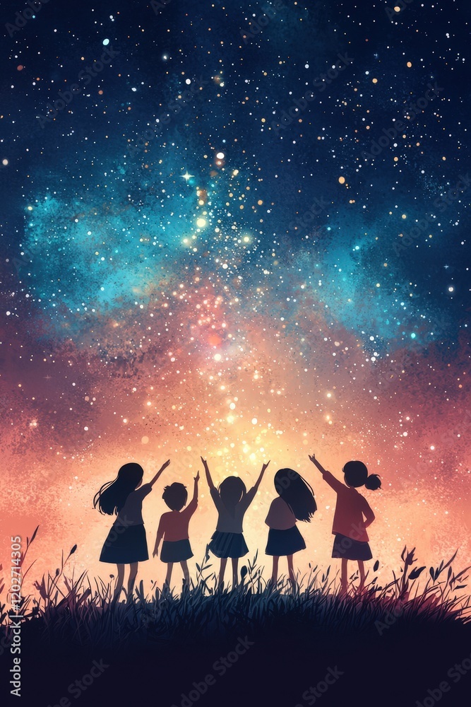 Fototapeta premium Illustration of women forming a glowing ladder toward the stars