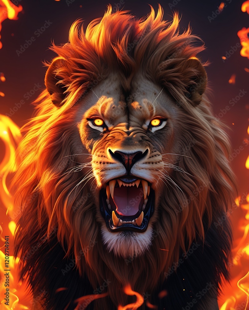 Fototapeta premium Roaring Lion with Flaming Mane: Fierce Lion in Fire Backdrop, Majestic Fiery Lion Art, Powerful Flaming Lion Portrait, Burning Lion Roar, Intense Lion Fire Image with Flames in Background