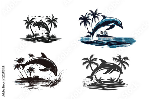 Palm trees and dolphins vector 