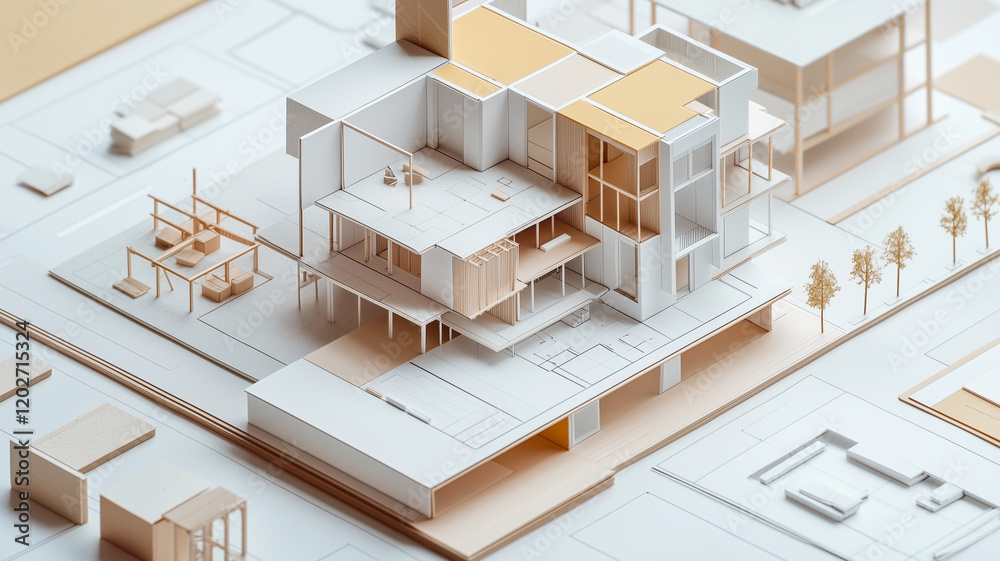 modern architectural model of a building placed on a white surface, with construction tools and a ruler nearby,