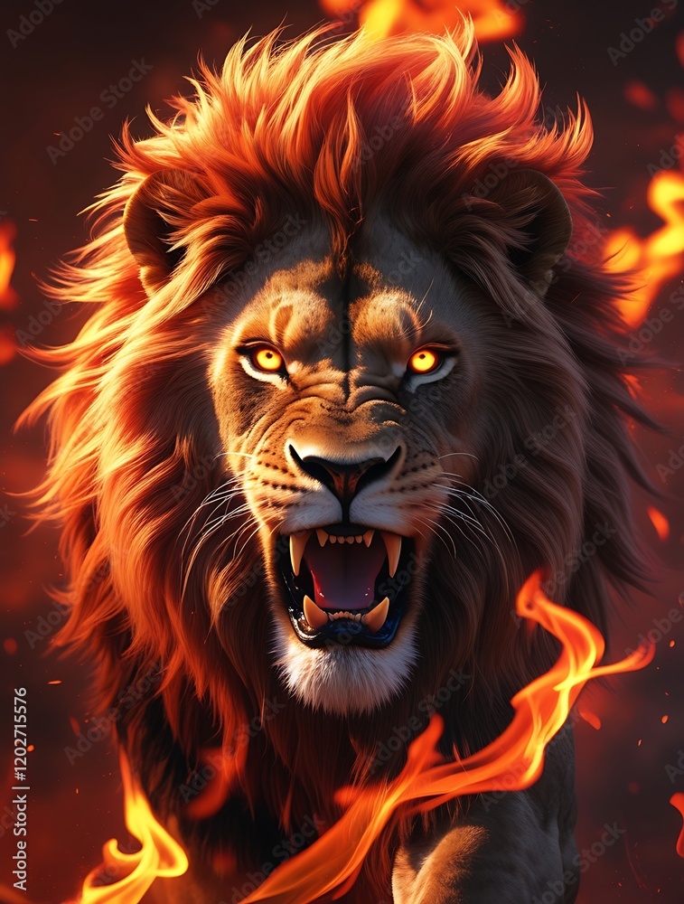 Naklejka premium Roaring Lion with Flaming Mane: Fierce Lion in Fire Backdrop, Majestic Fiery Lion Art, Powerful Flaming Lion Portrait, Burning Lion Roar, Intense Lion Fire Image with Flames in Background