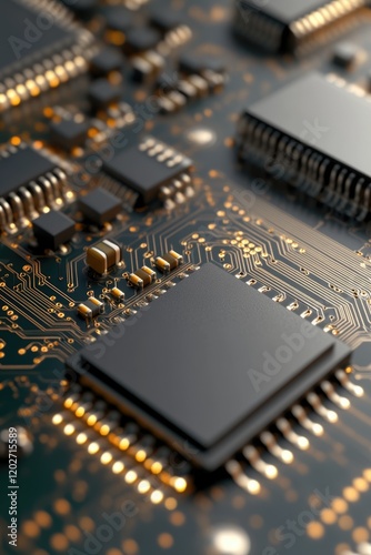 Wallpaper Mural An intricate circuit board featuring multiple microchips and solder connections displays a network of electrical pathways. The ambient light highlights the fine details and texture Torontodigital.ca