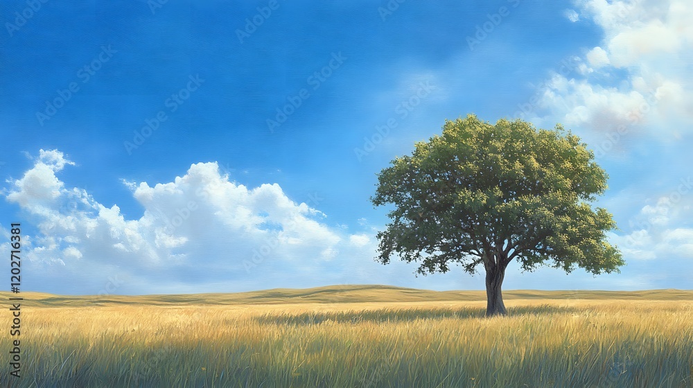 Solitary Tree in Golden Field Under Blue Sky Solitary Tree in Golden Field Under Blue Sky