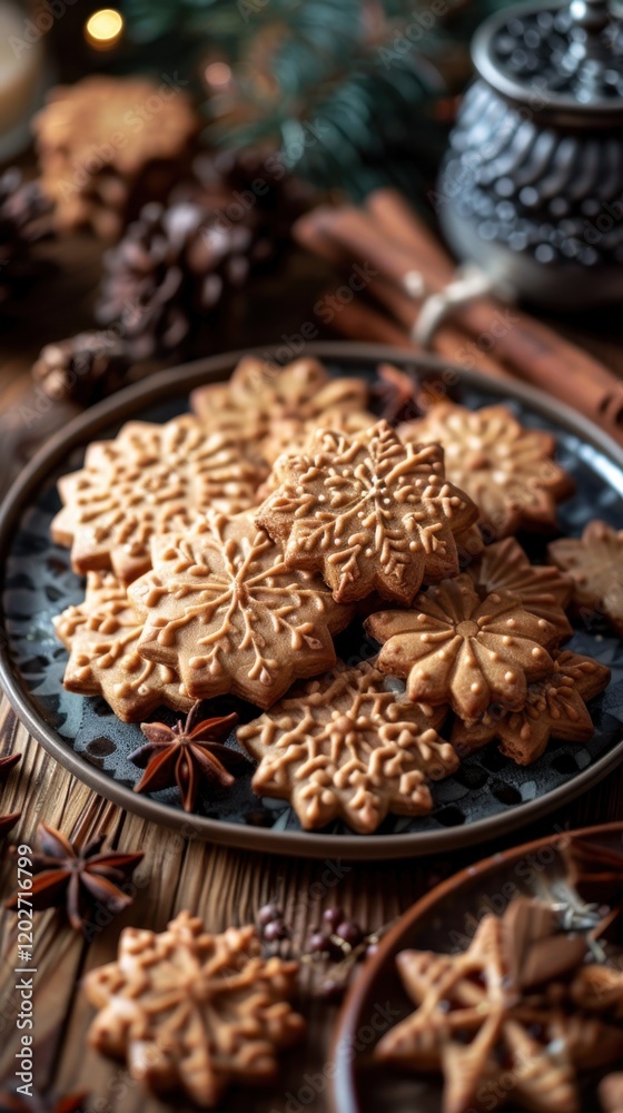 There are cookies on a plate with cinnamons and star anise, food background, christmas background, vertical background There are cookies on a plate with cinnamons and star anise, food background, christmas background, vertical background