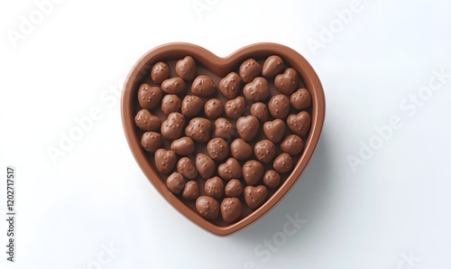 Heart-shaped bowl filled with chocolate strawberry candies.