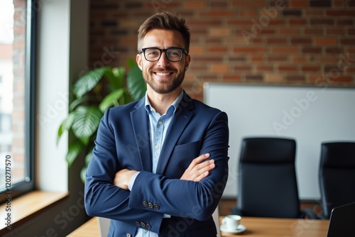 Confident businessman smiling in a modern office, showcasing professionalism and leadership qualities, ready for a successful meeting or presentation. photo