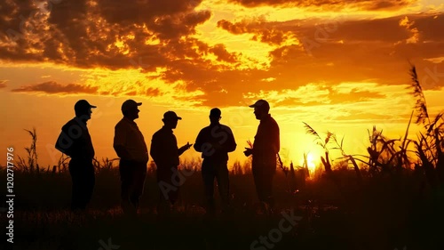 Silhouette of Farmers in Discussion at Sunset in Field Agriculture Insights