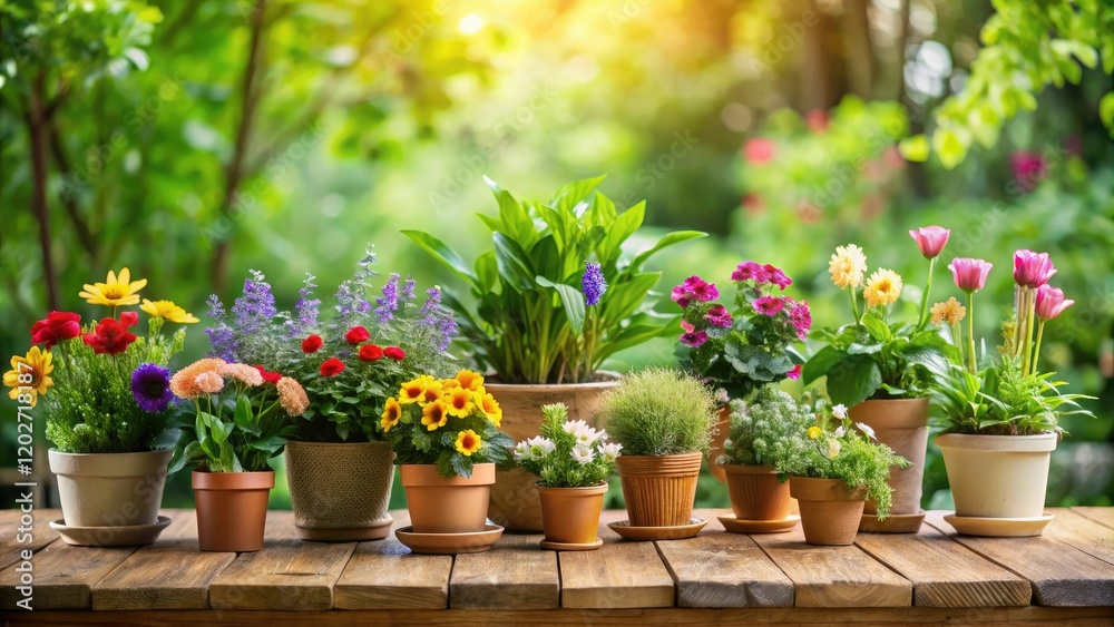 A collection of small potted plants with fresh greenery and colorful flowers placed on a wooden side table, fresh cut flowers, garden party A collection of small potted plants with fresh greenery and colorful flowers placed on a wooden side table, fresh cut flowers, garden party