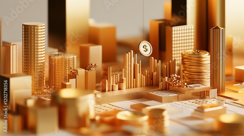 Golden Cityscape Representing Wealth and Financial Growth Through Modern Architecture and Coins photo