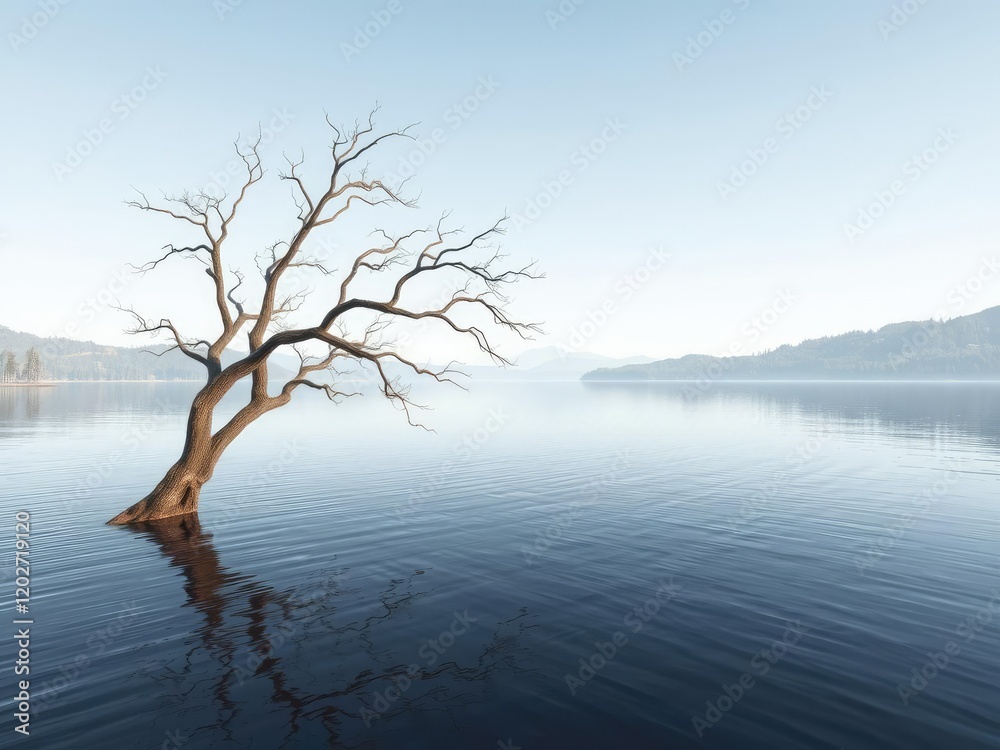A lone tree's branches stretch over a peaceful lake's surface , lake, tranquility A lone tree's branches stretch over a peaceful lake's surface , lake, tranquility