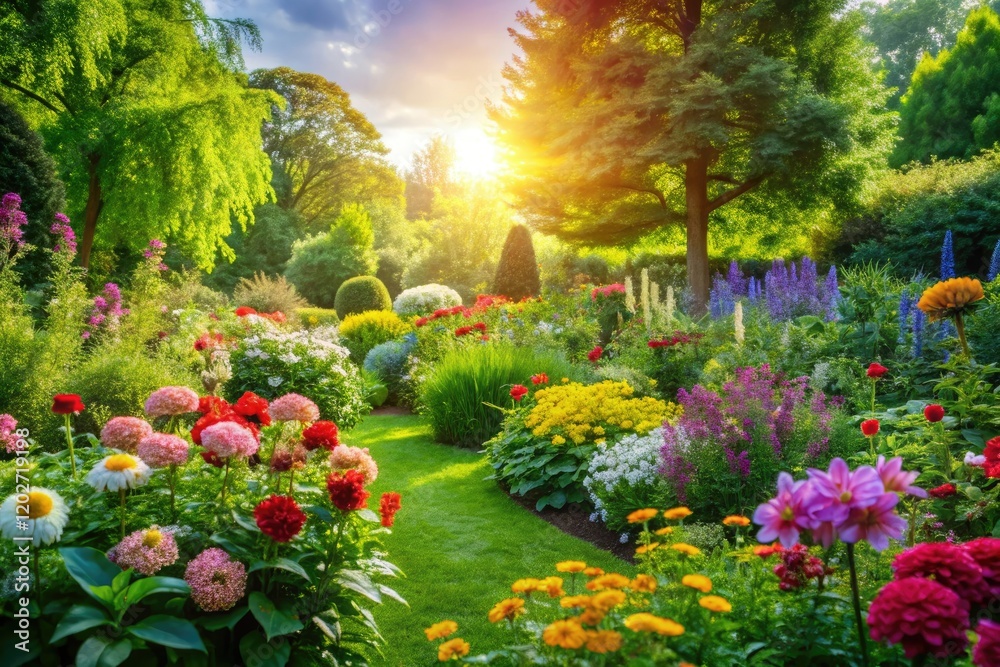 Obraz premium A lush green garden with vibrant flowers blooming in the sunlight, nature, plant growth, foliage