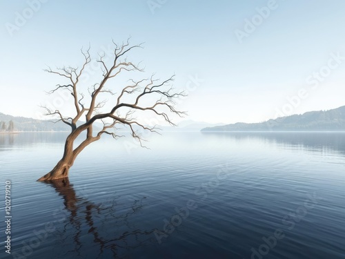 A lone tree's branches stretch over a peaceful lake's surface , lake, tranquility