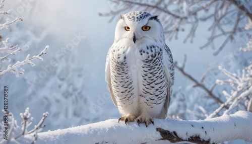 A majestic snowy owl sits atop a snow-covered branch in a serene winter wonderland, winter wonderland, frozen tree