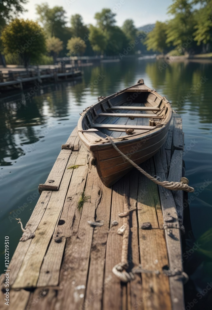 A miniature rowing boat moored to a floating dock with an anchor , float, anchored A miniature rowing boat moored to a floating dock with an anchor , float, anchored