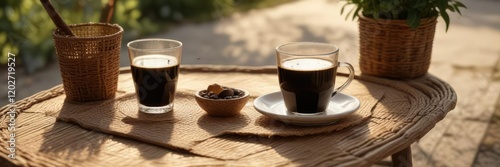 A minimalistic glass of black coffee on a rustic, rattan table in the warm afternoon light,  black,  glass photo