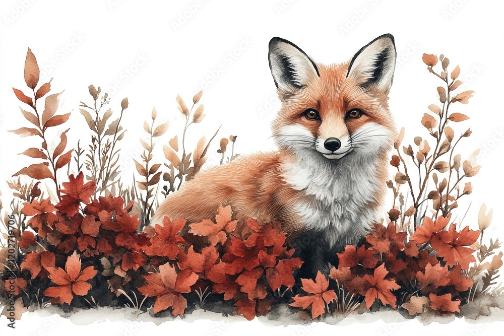 Obraz premium A serene fox surrounded by autumn foliage and plants, showcasing nature's beauty.