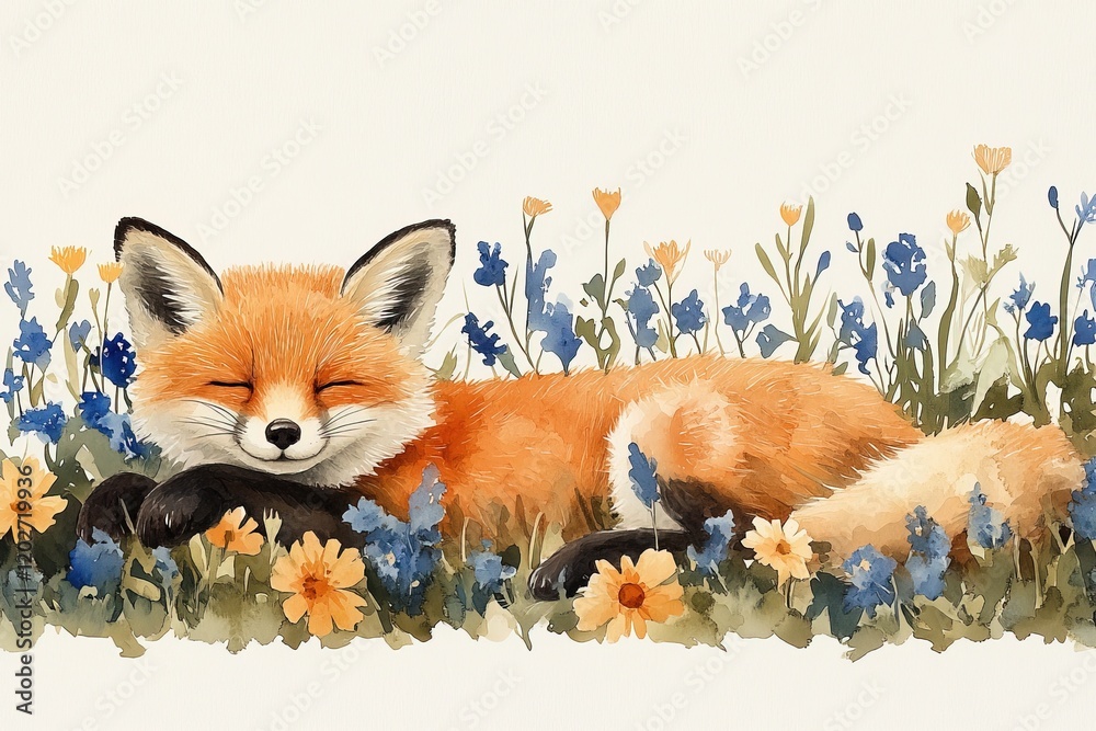Obraz premium A serene illustration of a sleeping fox surrounded by colorful flowers in a peaceful setting.
