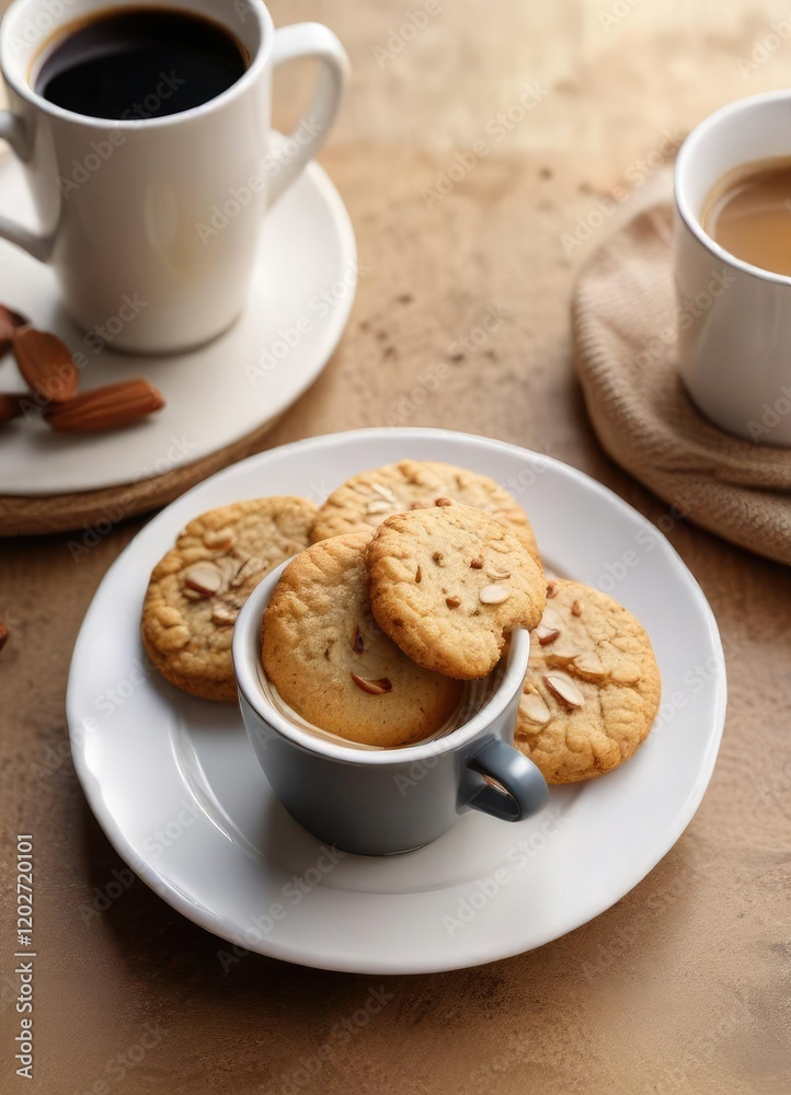 A plate of freshly baked almond cookies alongside a cup of hot frothy espresso coffee, baked goods, frothy espresso coffee, crunchy cookie A plate of freshly baked almond cookies alongside a cup of hot frothy espresso coffee, baked goods, frothy espresso coffee, crunchy cookie