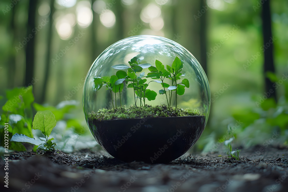 Glass Sphere Terrarium with Plants in Forest Setting Glass Sphere Terrarium with Plants in Forest Setting