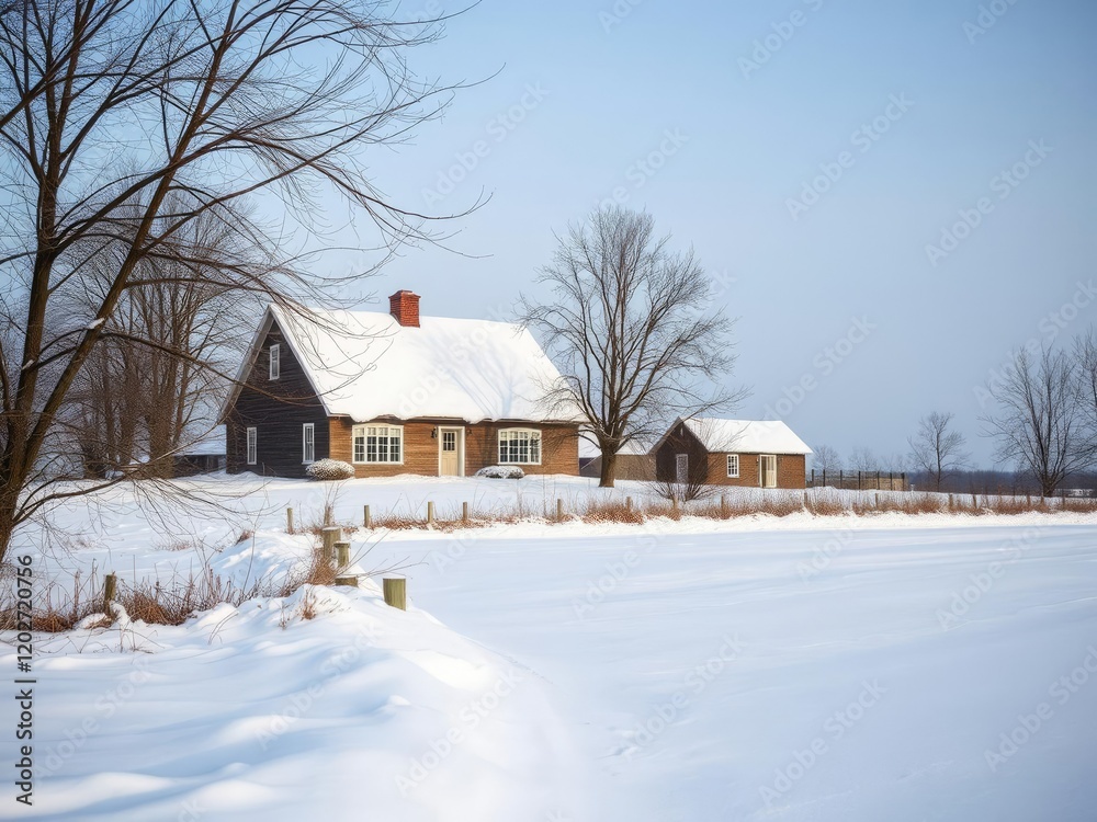 A snow-covered farmhouse on a cold winter afternoon in the countryside with snowdrifts and bare branches, frosty windows, cold weather, rural scenery A snow-covered farmhouse on a cold winter afternoon in the countryside with snowdrifts and bare branches, frosty windows, cold weather, rural scenery