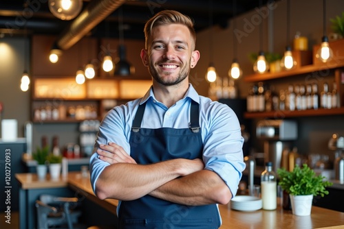 Fototapeta Naklejka Na Ścianę i Meble -  Smiling Male Chef in Modern Restaurant Kitchen, Showcasing Culinary Excellence and Hospitality with Comfortable Atmosphere