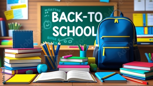 Back-to-School Supplies with Books and Chalkboard for a New Semester photo