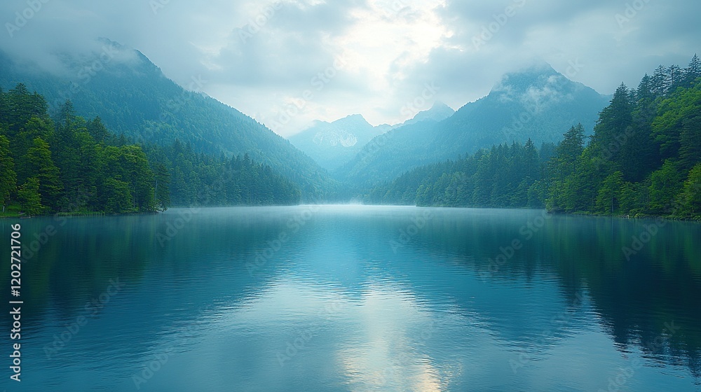 A serene mountain lake surrounded by lush greenery and misty peaks, reflecting a tranquil atmosphere.