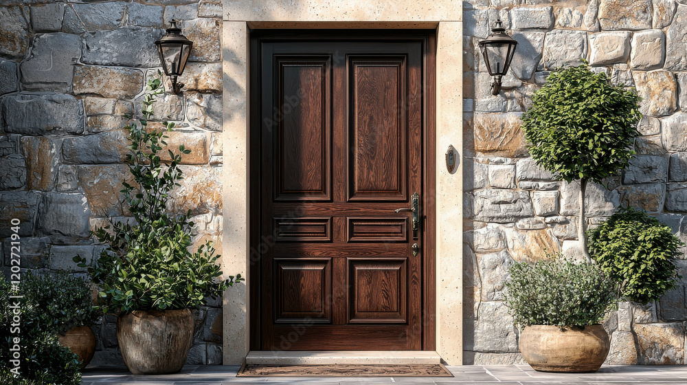 Ornate Hardwood Door with Carved Panels Surrounded by Stone Wall and Lush Greenery Ornate Hardwood Door with Carved Panels Surrounded by Stone Wall and Lush Greenery