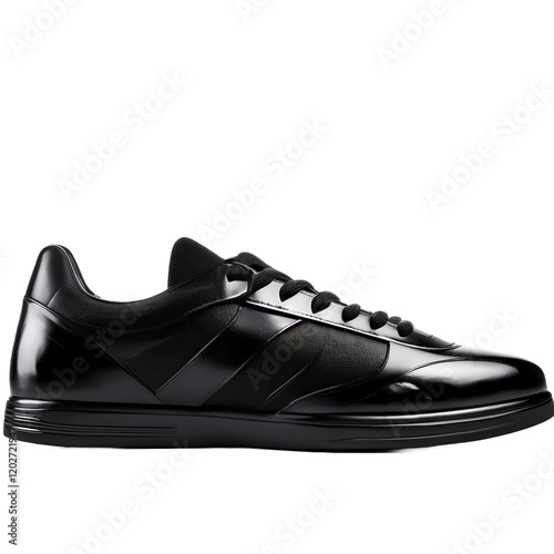 Modern black leather sneakers on plain white photo