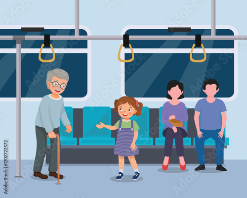 Cute little girl offering seat to elderly man in public transportation
