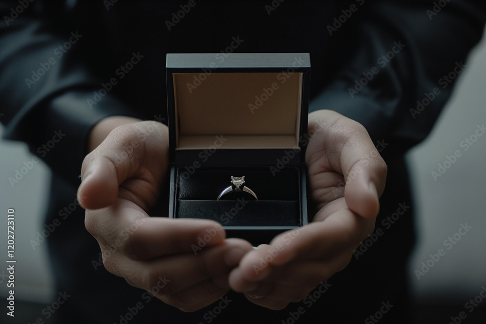 Engagement Ring Box in a Romantic Proposal to Represent Love, Commitment, and Marriage Between a Loving Couple Engagement Ring Box in a Romantic Proposal to Represent Love, Commitment, and Marriage Between a Loving Couple