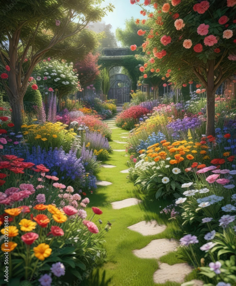 A colorful garden with a variety of flowers blooming in every direction, outdoor scene, colorful flowers, flower field A colorful garden with a variety of flowers blooming in every direction, outdoor scene, colorful flowers, flower field