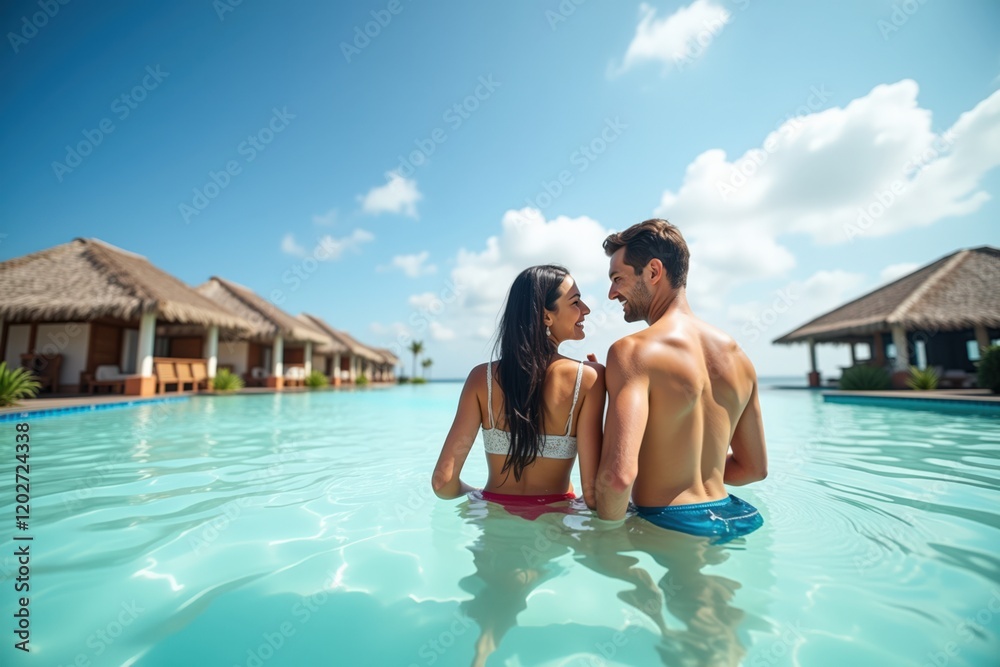 Romantic Tropical Escape: A Couple Joyfully Embracing Each Other in a Resort Pool Surrounded by Lush Landscape and Clear Blue Skies Romantic Tropical Escape: A Couple Joyfully Embracing Each Other in a Resort Pool Surrounded by Lush Landscape and Clear Blue Skies