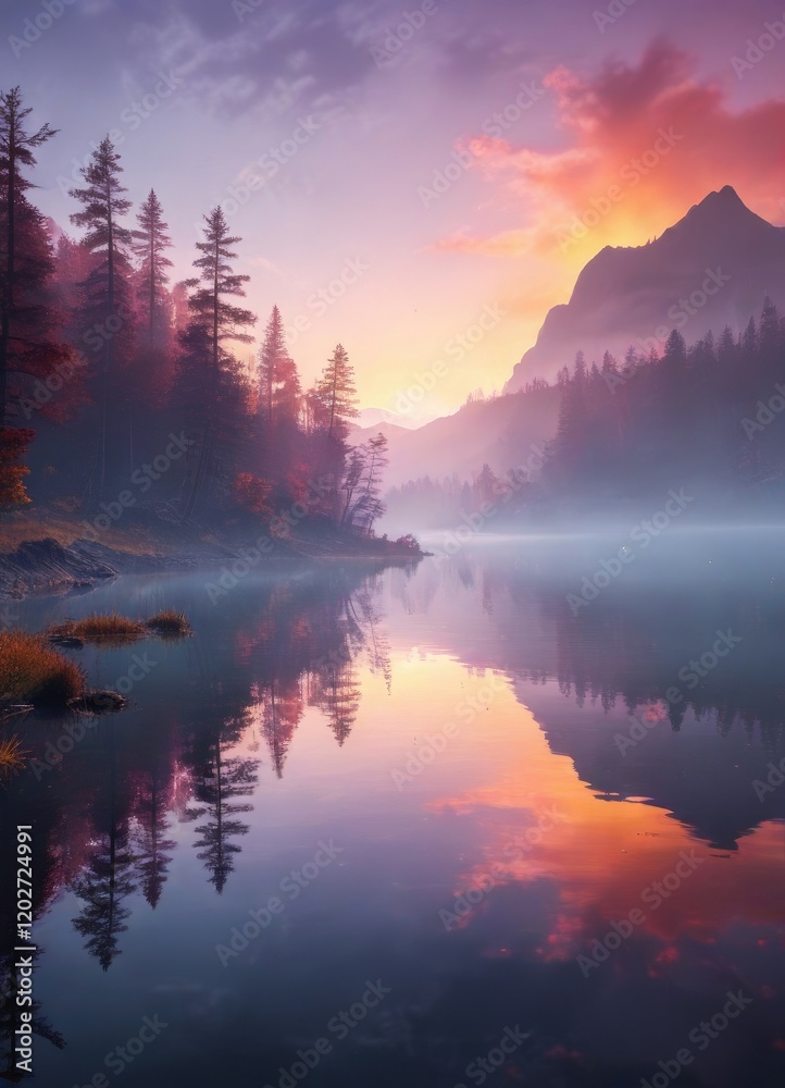 a misty lake with a reflected abstracted horizon and vibrant colors , lake, scenery