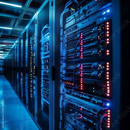 Data Center With Rows of Servers Illuminated by Colorful Lights During Evening Hours