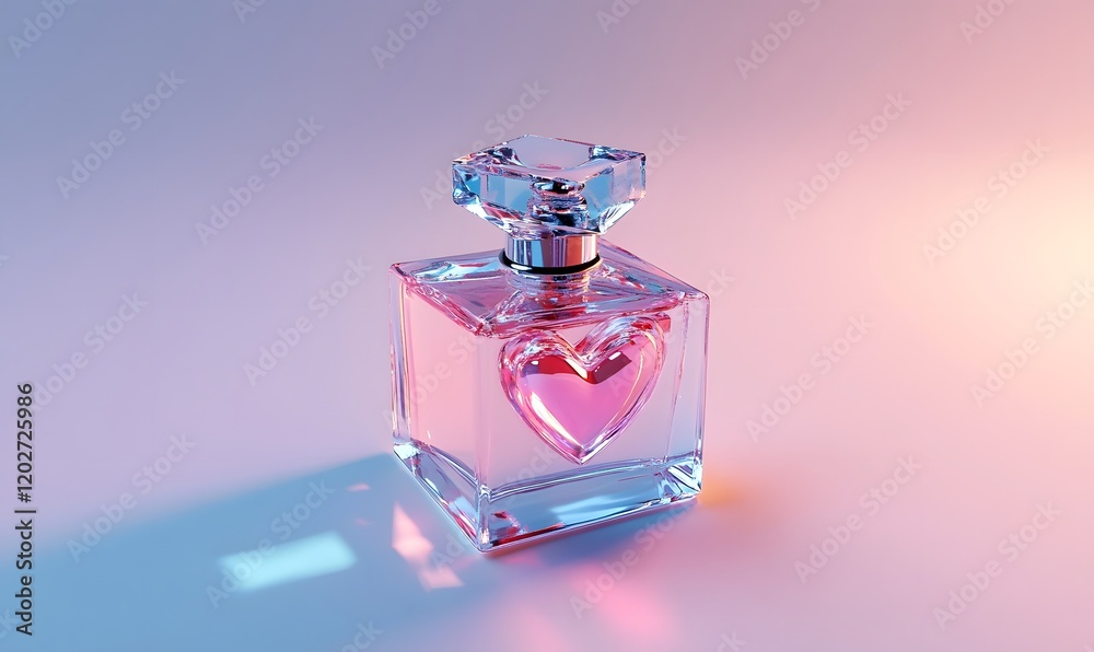 Pink perfume bottle with heart shaped design, illuminated by vibrant neon lighting. Pink perfume bottle with heart shaped design, illuminated by vibrant neon lighting.