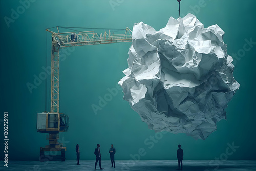 A giant crumpled ball of paper being lifted by a crane, symbolizing challenges and problem-solving in business and teamwork.  A team of miniature busi photo