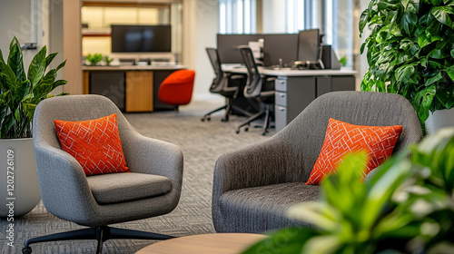 Modern office interior featuring comfortable seating and lush greenery in a bright environment