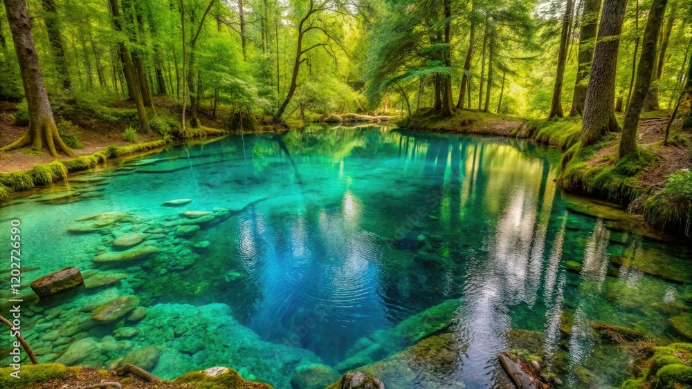A small pool of turquoise water forms on the forest floor, water element, dripping, outdoor setting A small pool of turquoise water forms on the forest floor, water element, dripping, outdoor setting
