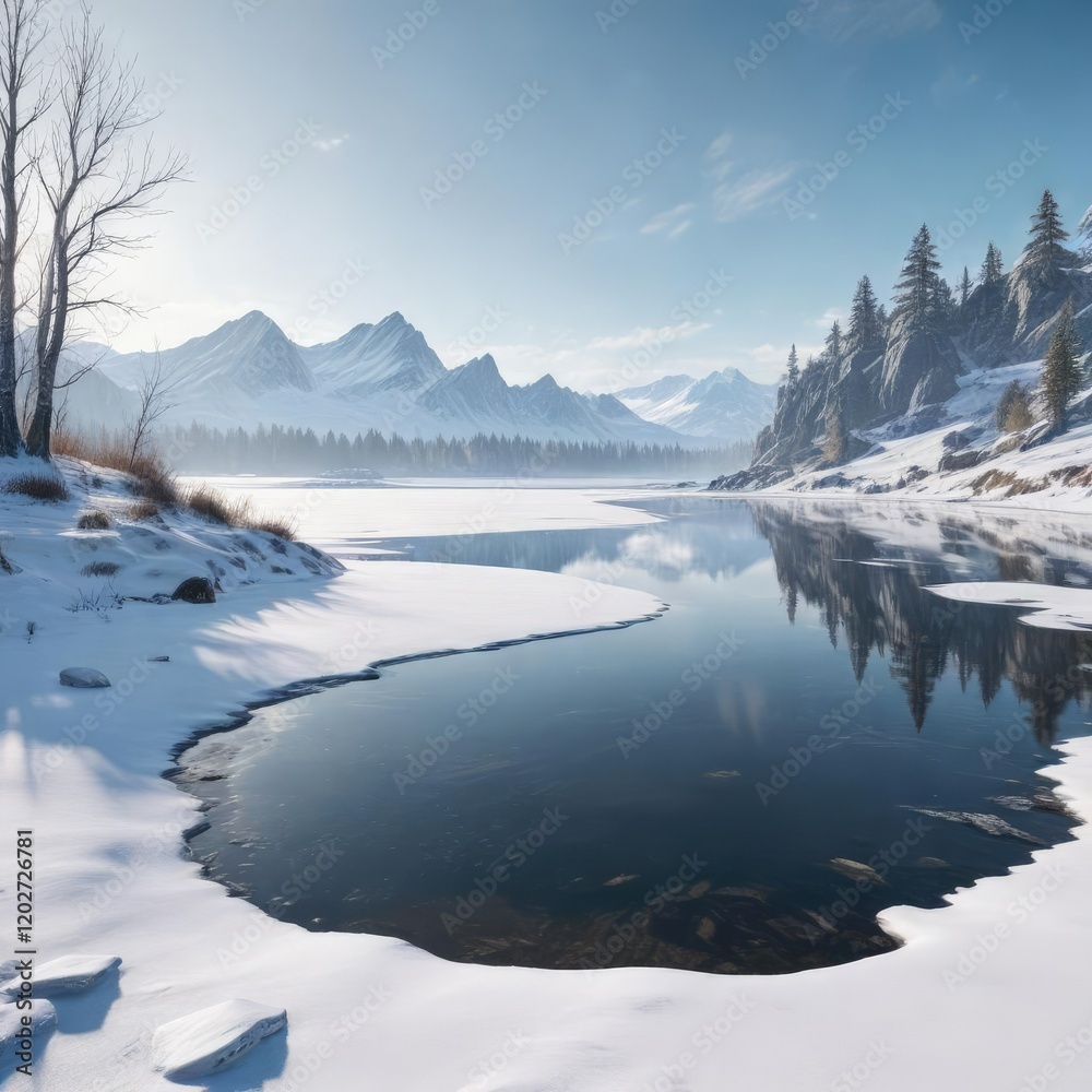 A snowy landscape with a frozen lake in the background, snowy woods, frosty air, peaceful scene A snowy landscape with a frozen lake in the background, snowy woods, frosty air, peaceful scene