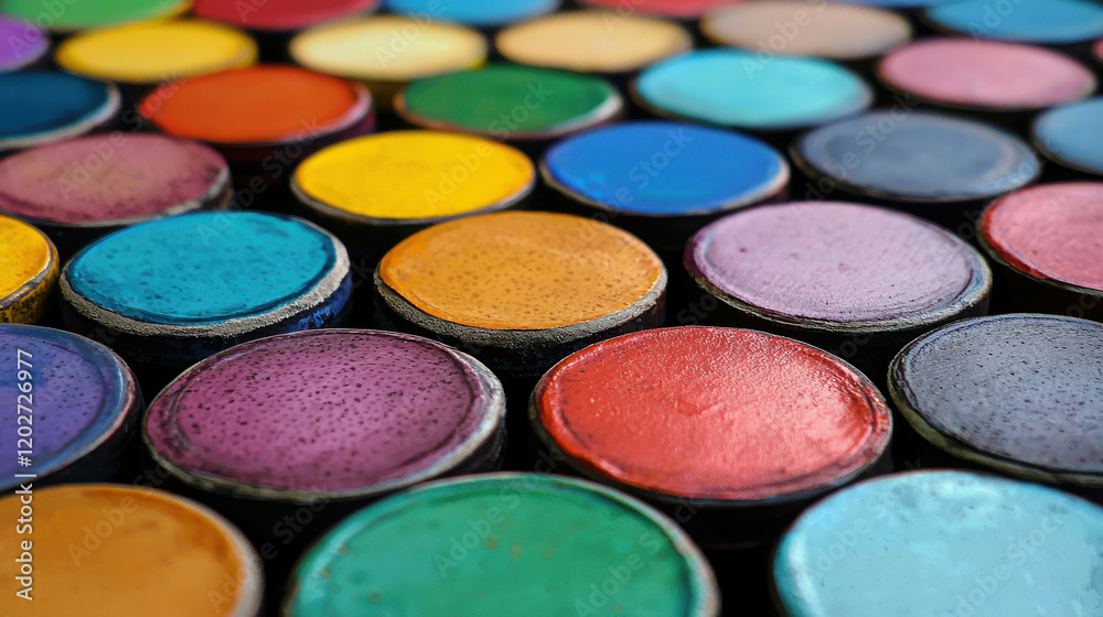 Vibrant Collection of Colorful Paints in Circular Containers for Artistic Inspiration Vibrant Collection of Colorful Paints in Circular Containers for Artistic Inspiration