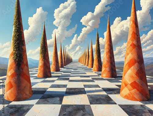 Orange cones with green shrubs line a checkered pathway leading to a distant horizon under a cloudy blue sky. Ideal for surreal landscapes or illusionistic designs. photo