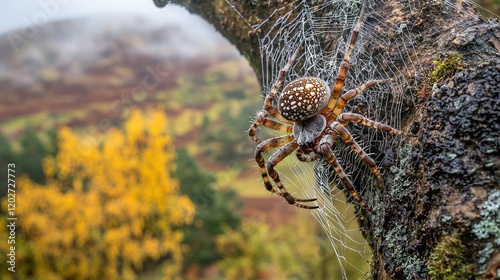   A macro image of a spider on a tree branch against a distant mountain landscape