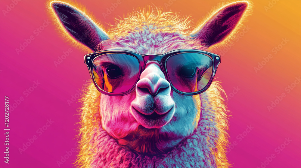 Llama wearing sunglasses against a vibrant gradient background Llama wearing sunglasses against a vibrant gradient background